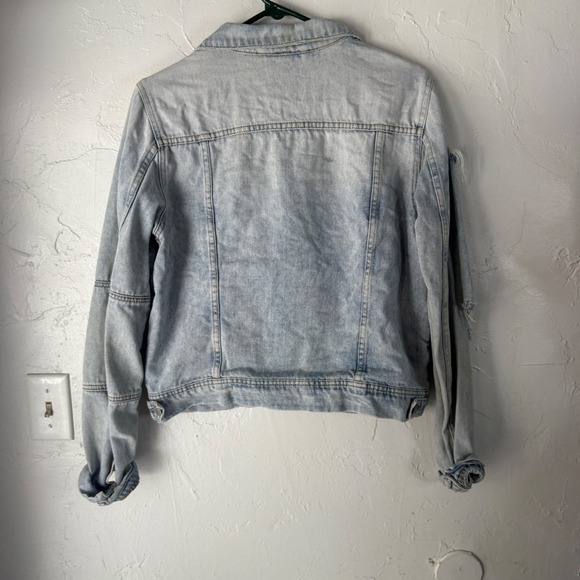 Free People Distressed Light Wash Denim Jacket Women's L Boho‎ Festival Western - Picture 9 of 10